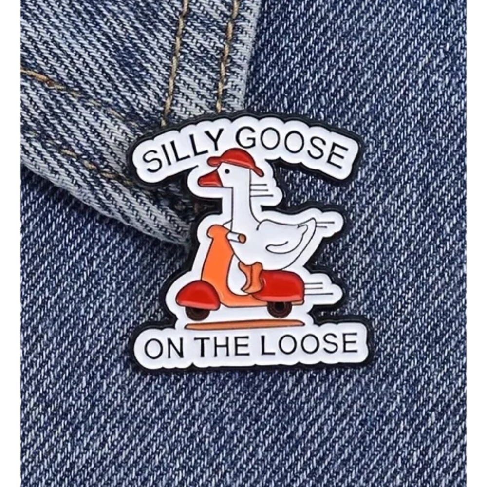 Silly Goose On The Loose Enamel Pin White Goose on Orange Scooter‎ Red Hat Humor